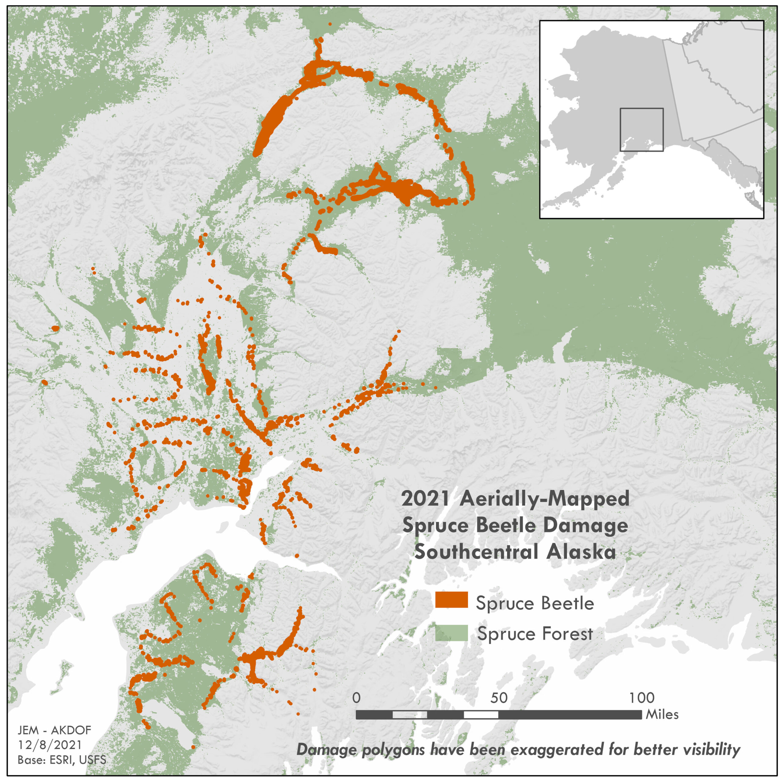 Map of spruce beetle damage recorded in 2021 aerial detection surveys.